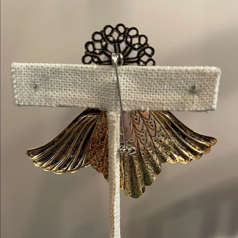 Vintage Gold-tone Angel Wing Brooch with Pearl Accent